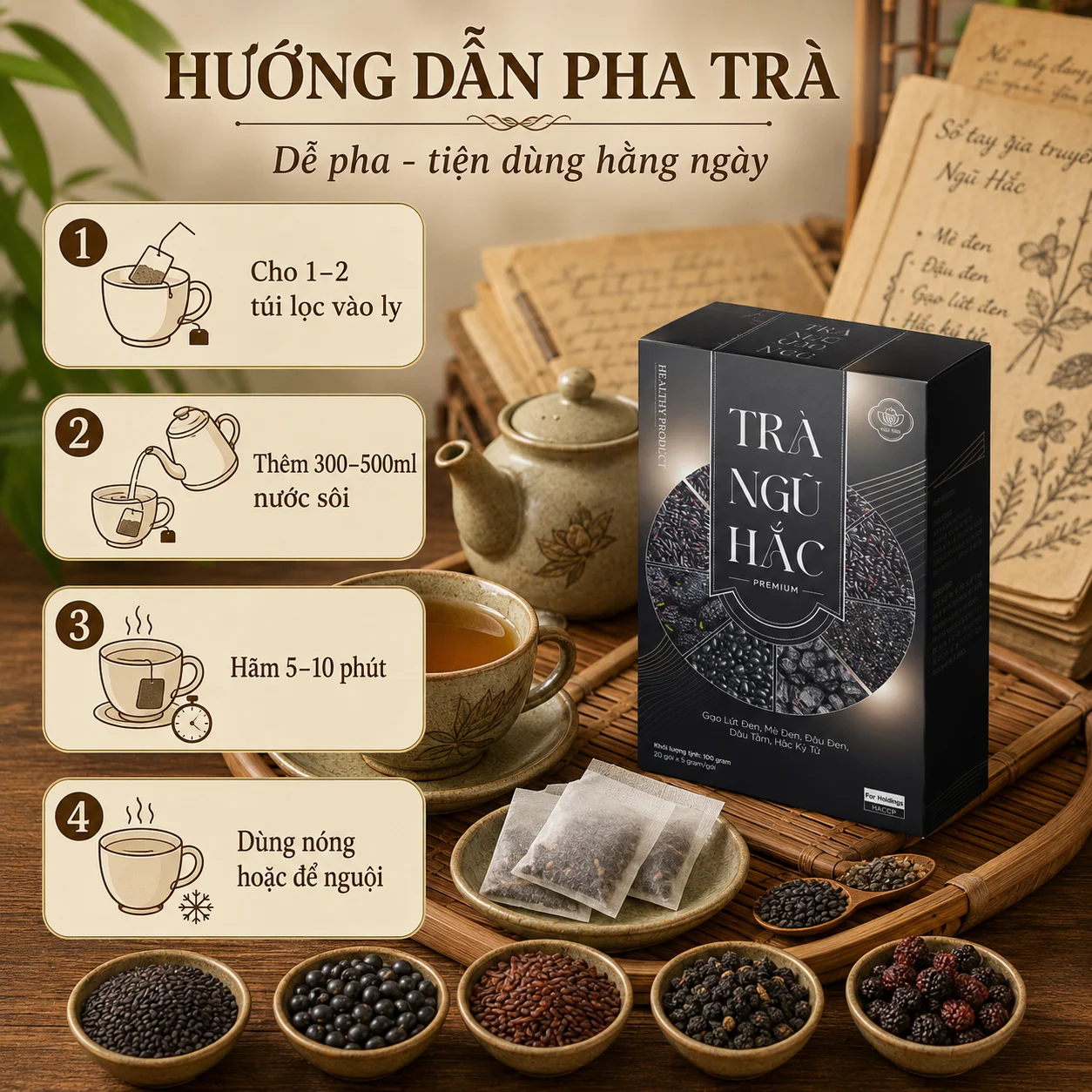 Cách pha Trà Ngũ Hắc Túi Lọc Trà Trí Tâm
