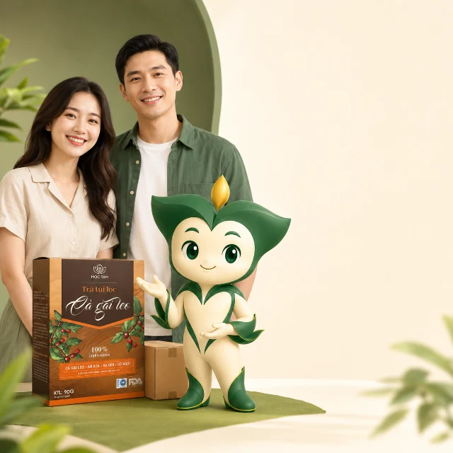 Nhân vật Trà Trí Tâm bên hộp Trà Cà Gai Leo Xạ Đen và kiện hàng.