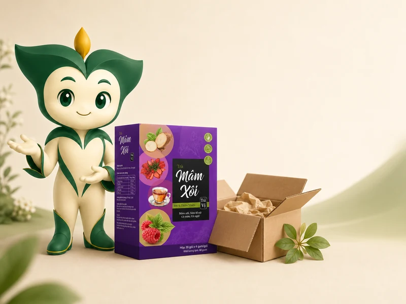 Nhân vật Trà Trí Tâm bên hộp Trà Mâm Xôi 4 Vị Thảo Mộc và kiện hàng được kiểm tra khi nhận.