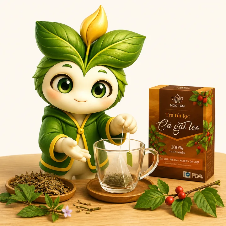 Trà Trí Tâm cho túi lọc trà cà gai leo rau má vào ly