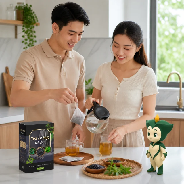Cặp đôi trưởng thành thư giãn cùng trà thảo mộc trong căn bếp sáng.