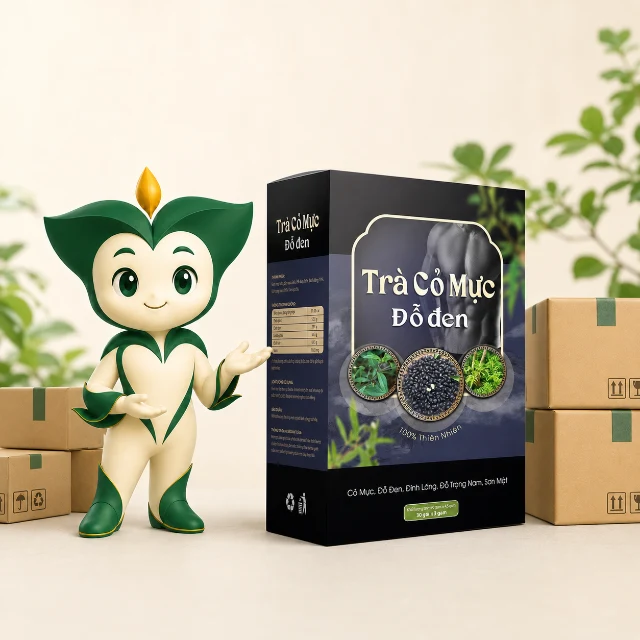 Mascot Trà Trí Tâm bên hộp Trà Cỏ Mực Đỗ Đen và kiện hàng.